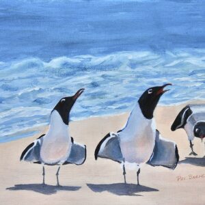 canvas painting of three birds on the beach